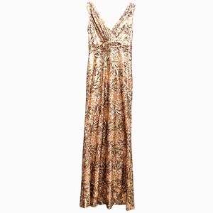 Badgley Mischka Rose Gold Jewel Sequin Leaves Emperor Waist Evening Gown